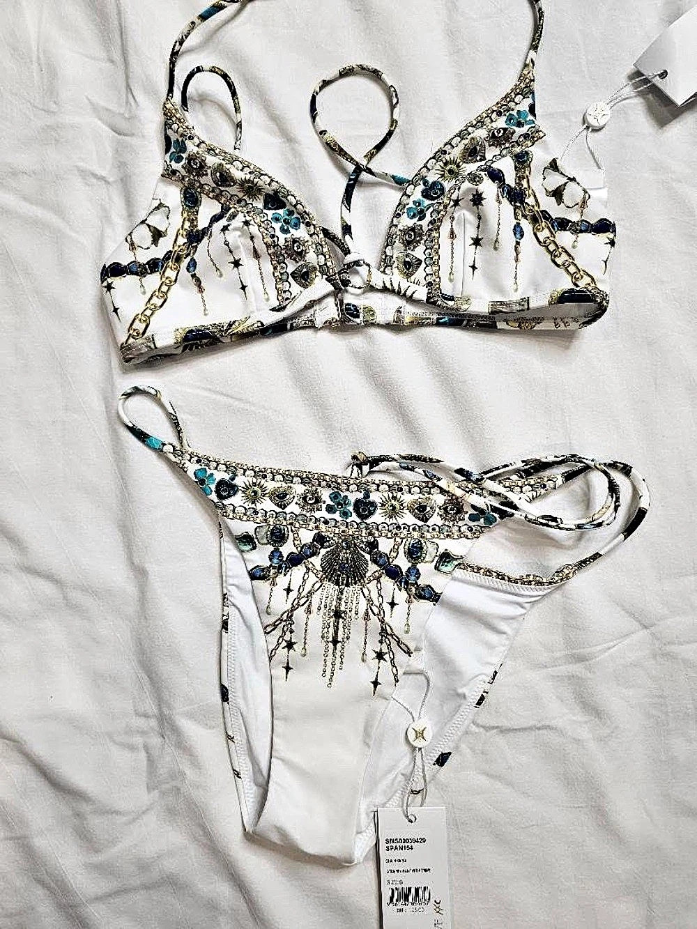 CAMILLA Embellished Floral Bikini Set in White & Blue NWT